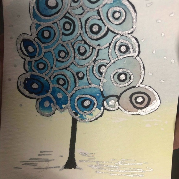 Original ACEO Miniature Watercolor Painting Metallic Winter Tree by Hope - Picture 2 of 4